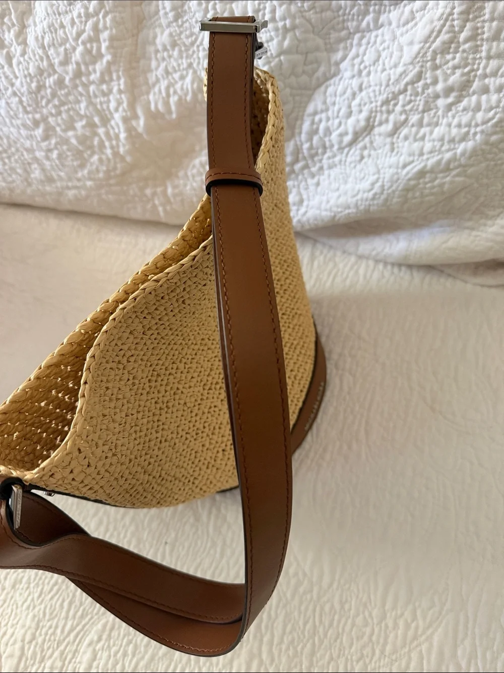 Michael Kors Natural Straw Bucket Shoulder Bag with Brown Leather Trim